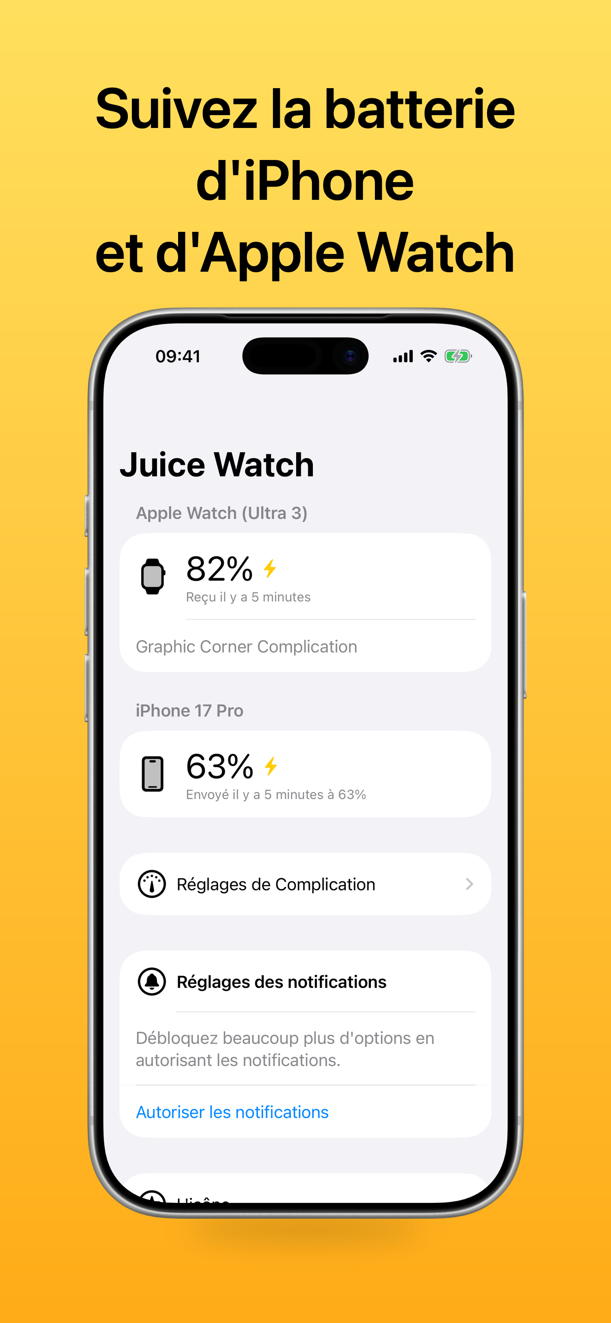 Capture d'écran de l'app iPhone Juice Watch
